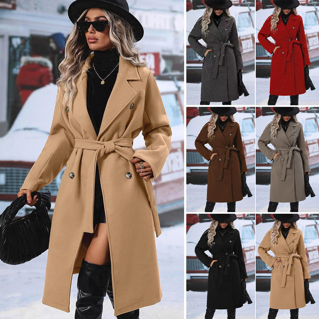 Women's Belted Double Breasted Long Wool Blend Coat