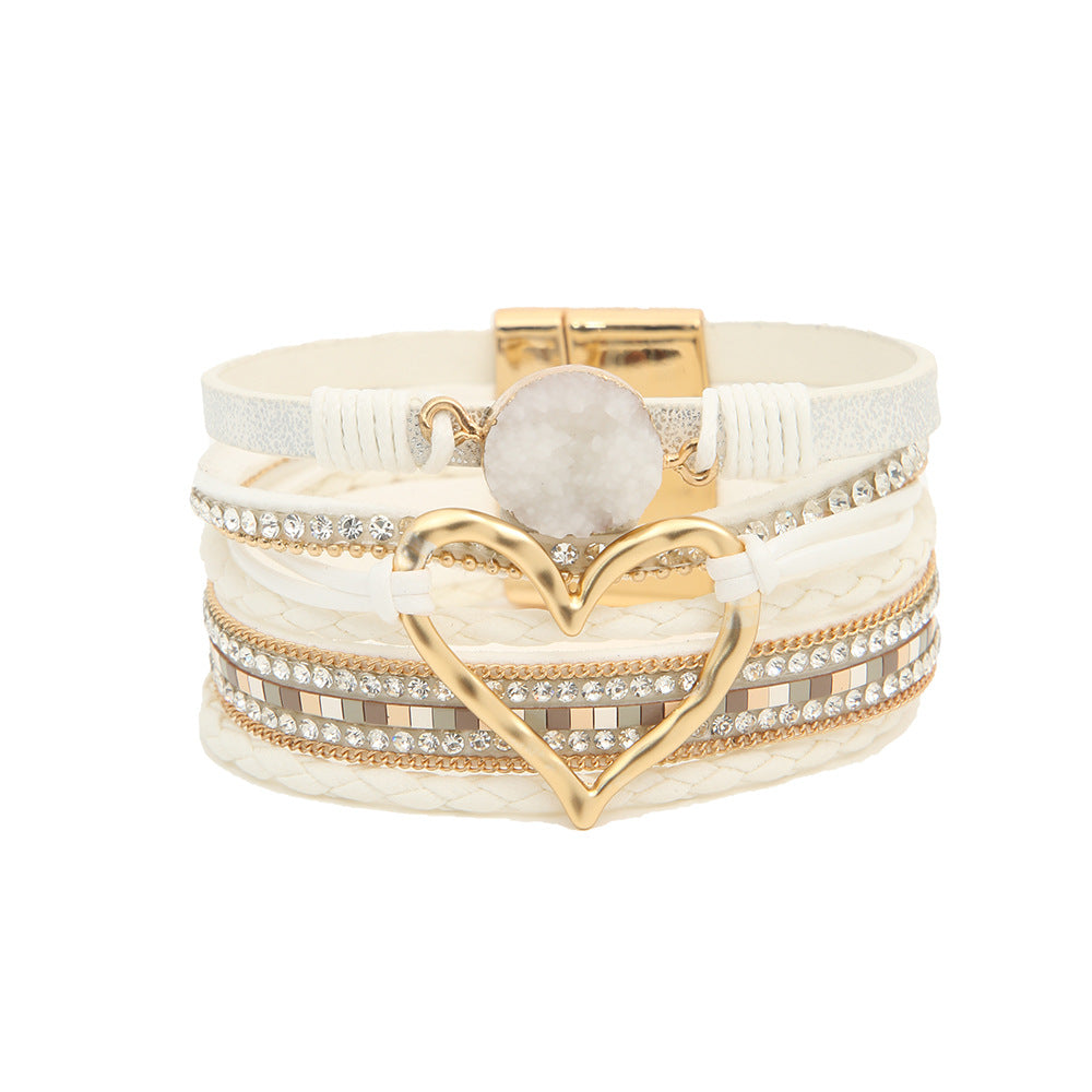 Heart Charm Layered Leather Bracelet Rhinestone Magnetic