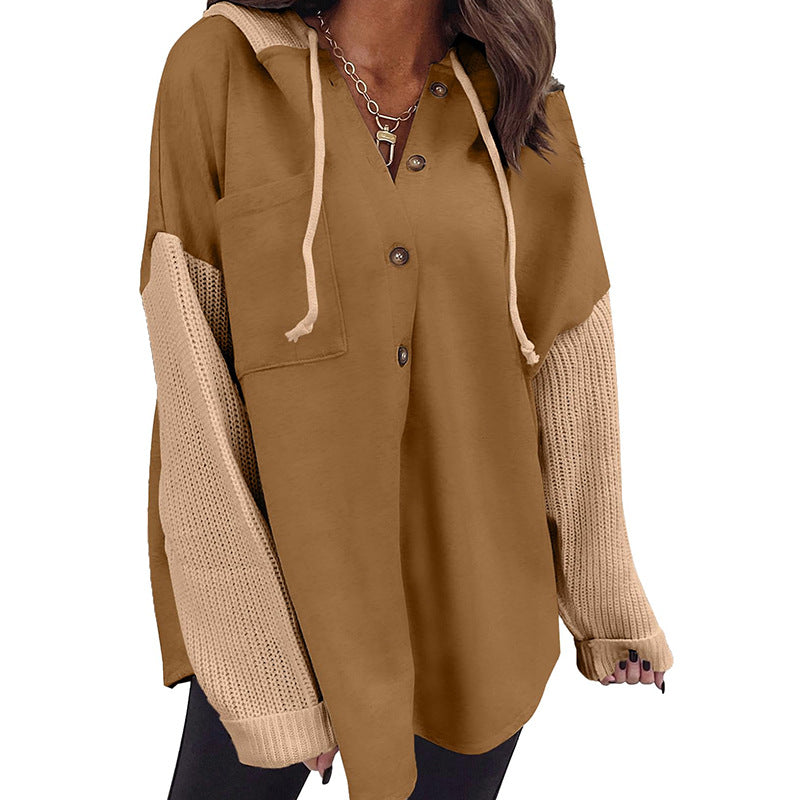 2025 Fall/Winter Colorblock Knit Sleeve Hoodie – Casual Button Down Top