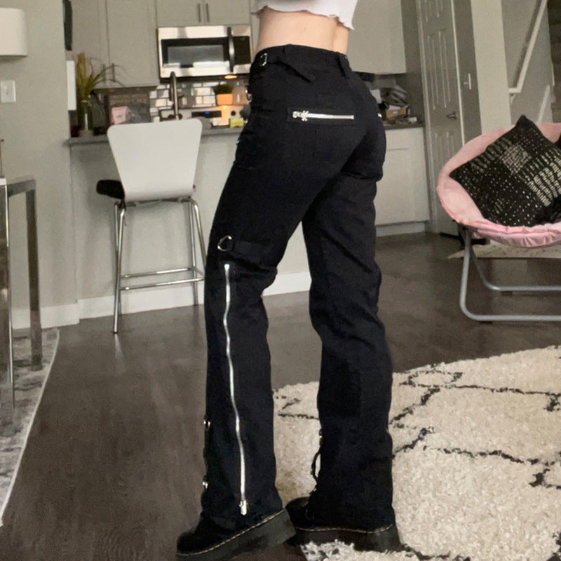 Women's Low Rise Cargo Pants Black Straight Leg Y2K Zipper