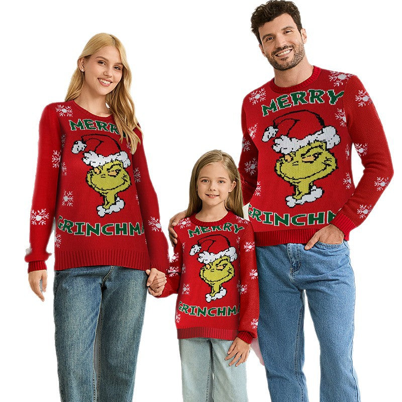 Family Matching Grinch Christmas Sweaters Red Knit Pullover