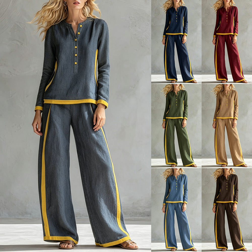 Women's Colorblock Wide Leg Pant Set Button Front Top