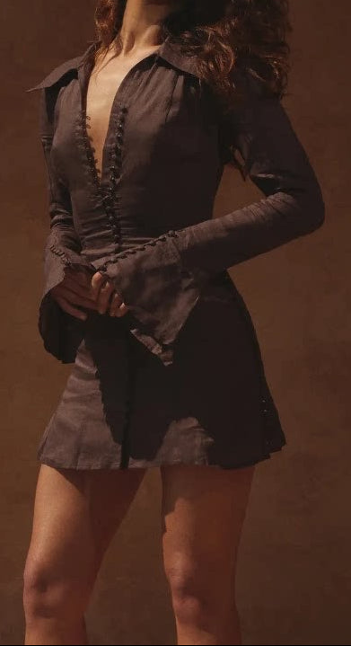 Women's Linen Flare Sleeve Button Down Mini Dress
