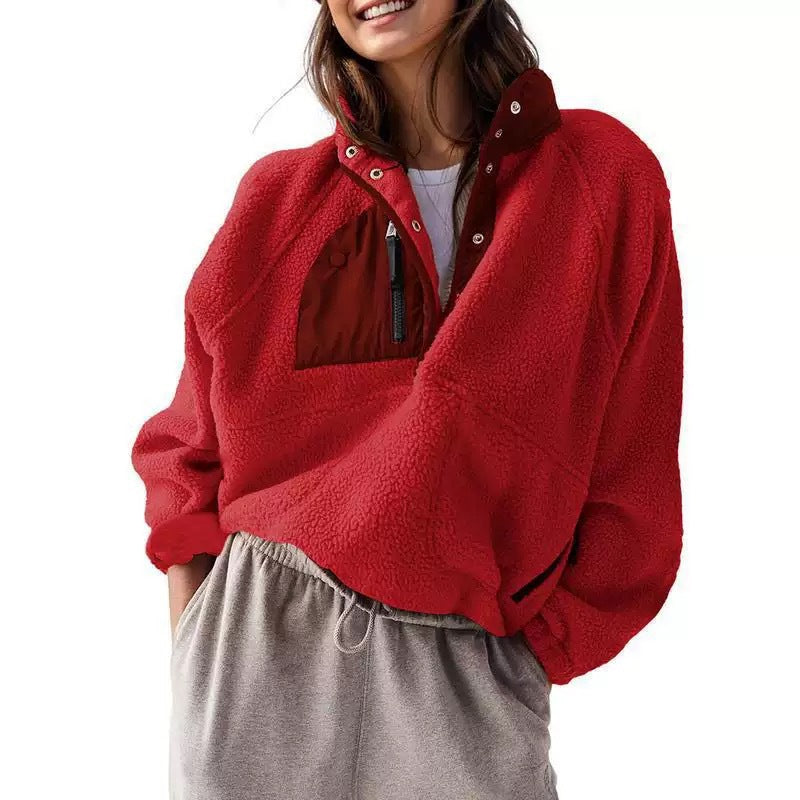 Women's Sherpa Pullover Color Block Zip Pocket Mock Neck