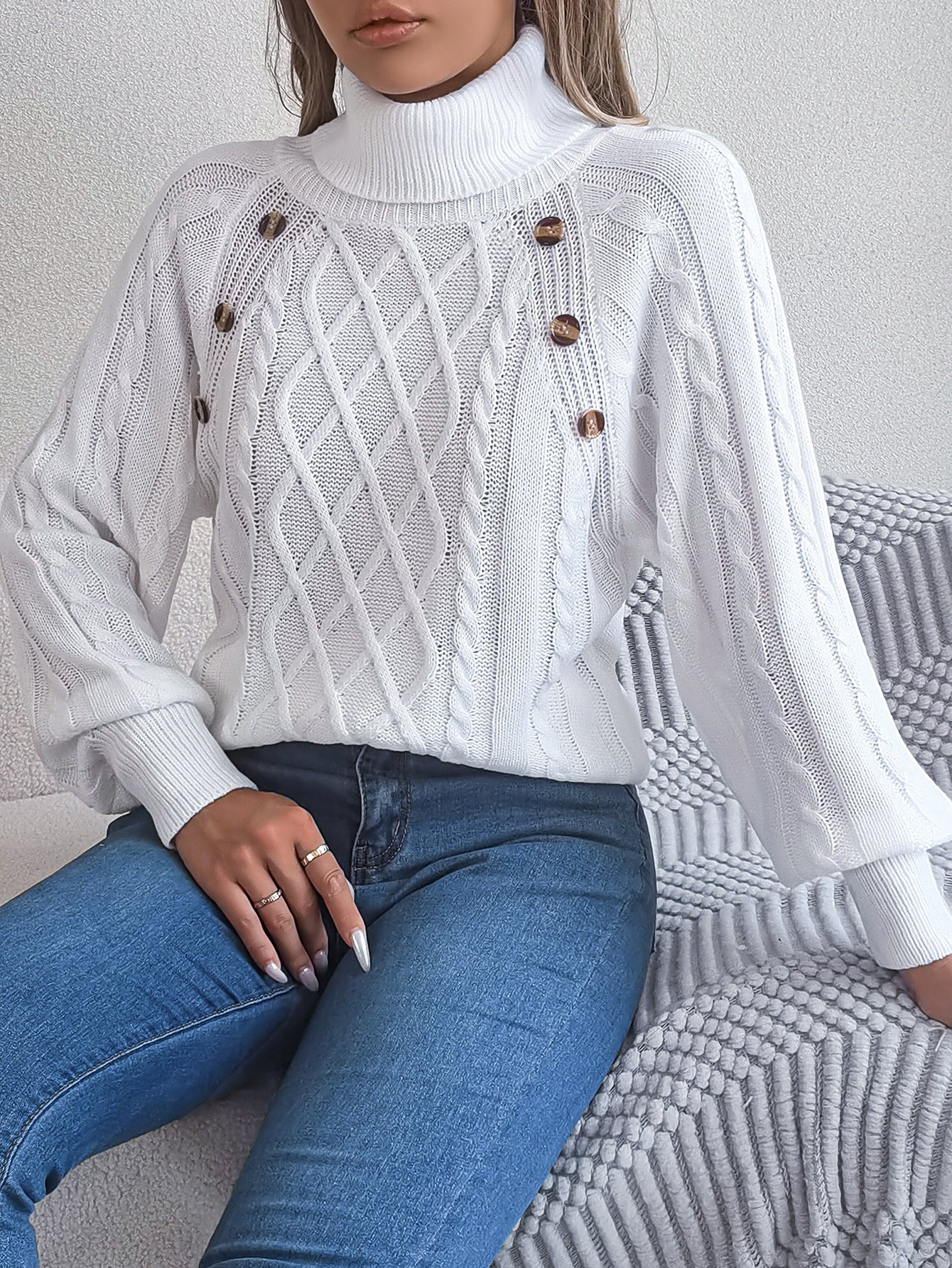 2025 Fall Winter Buttoned Cable Knit Turtleneck Sweater