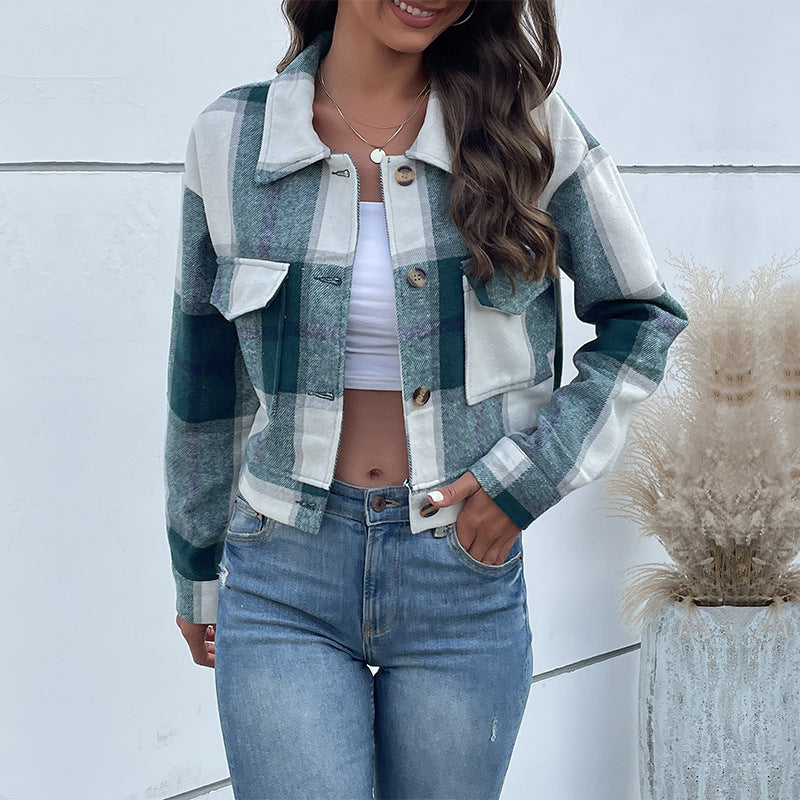 Women's Cropped Plaid Shacket Button Down Shirt Jacket