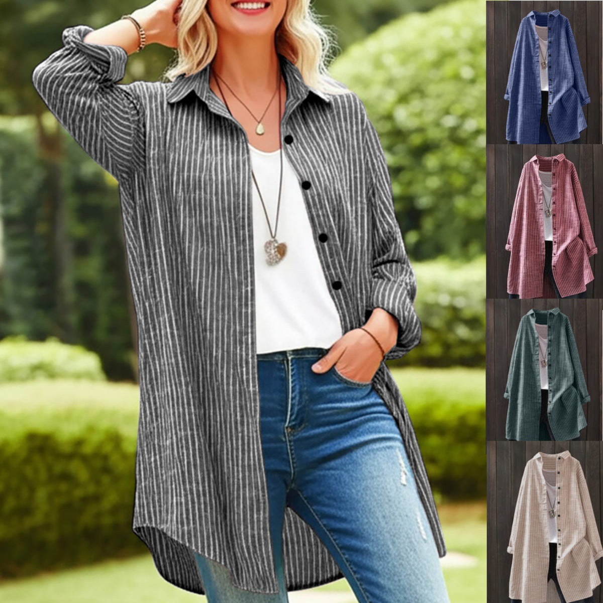Women's Oversized Striped Long Sleeve Button Down Shirt