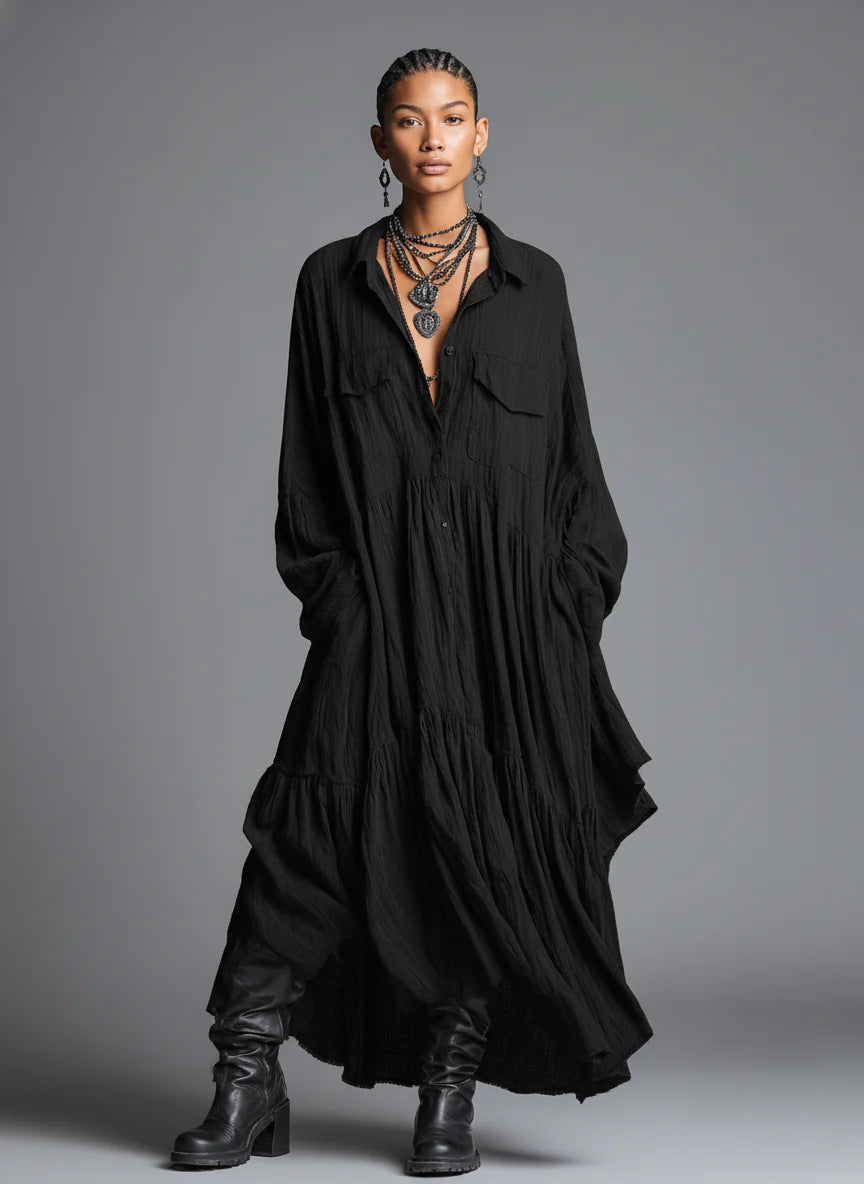 Oversized Pleated Maxi Shirt Dress Long Sleeve Vintage