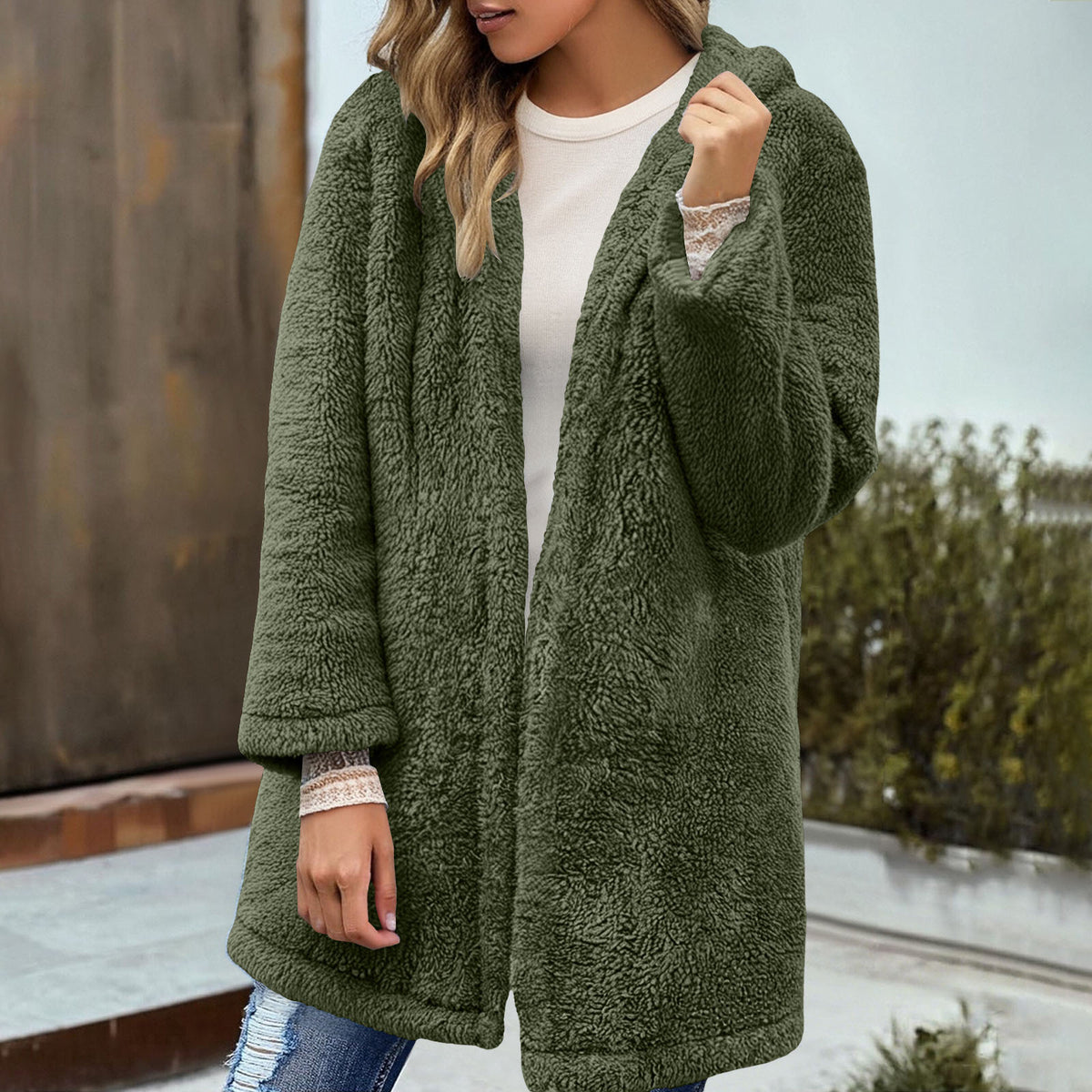 Oversized Sherpa Hooded Cardigan Open Front Coat