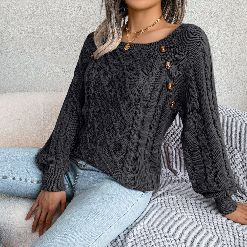 2025 Fall Winter Casual Square Neck Button Detail Cable Knit Sweater