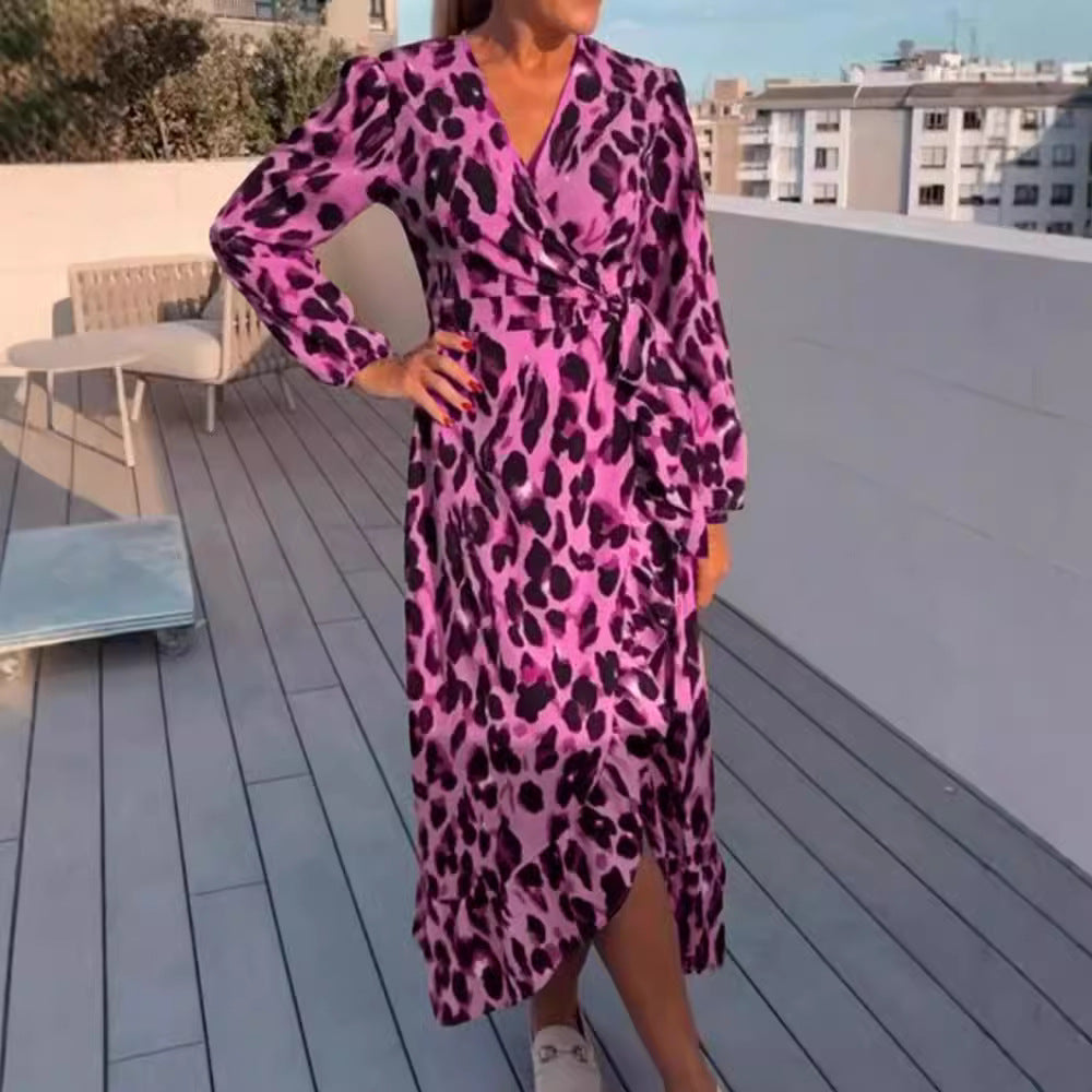 Women's Leopard Print Wrap Maxi Dress Long Sleeve V-Neck