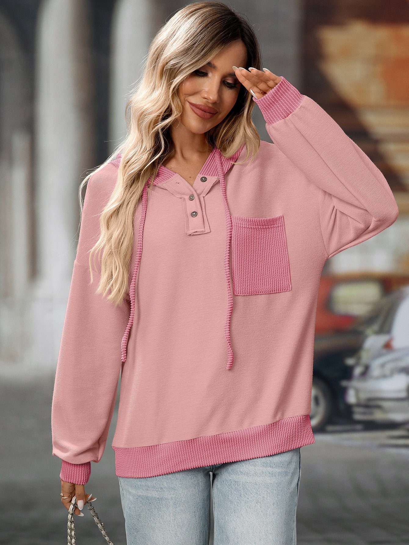 2025 Fall/Winter Colorblock Knit Trim Hoodie – Casual Pullover Sweatshirt