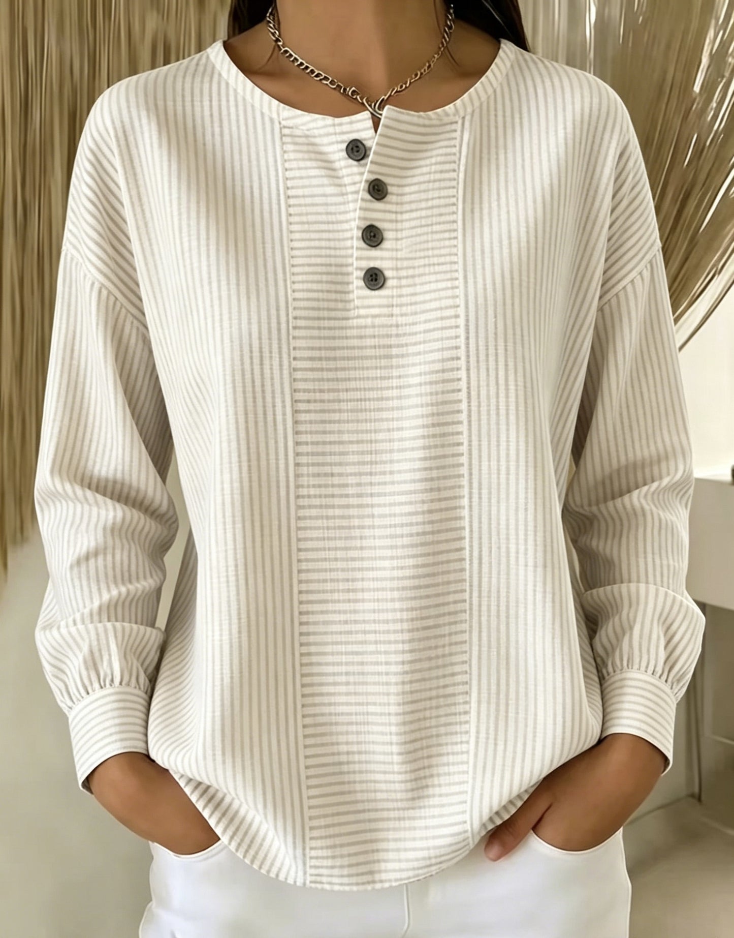 Women's Striped Patchwork Crew Neck Long Sleeve Blouse
