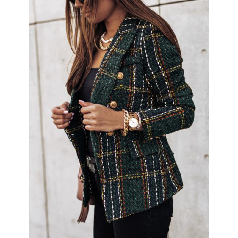 Women's Tweed Plaid Double Breasted Blazer