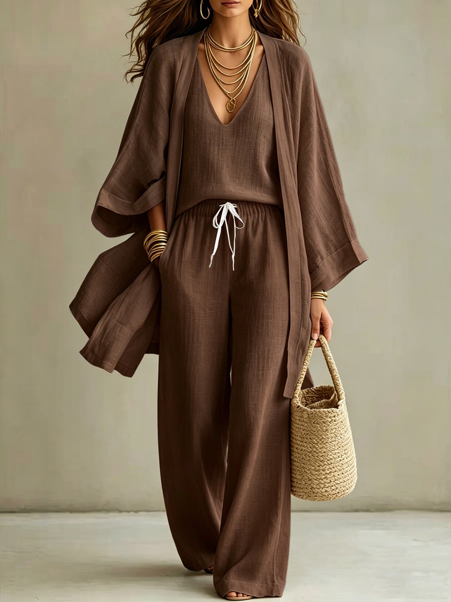 Women's 3 Piece Matching Set Wide Leg Pants Cardigan