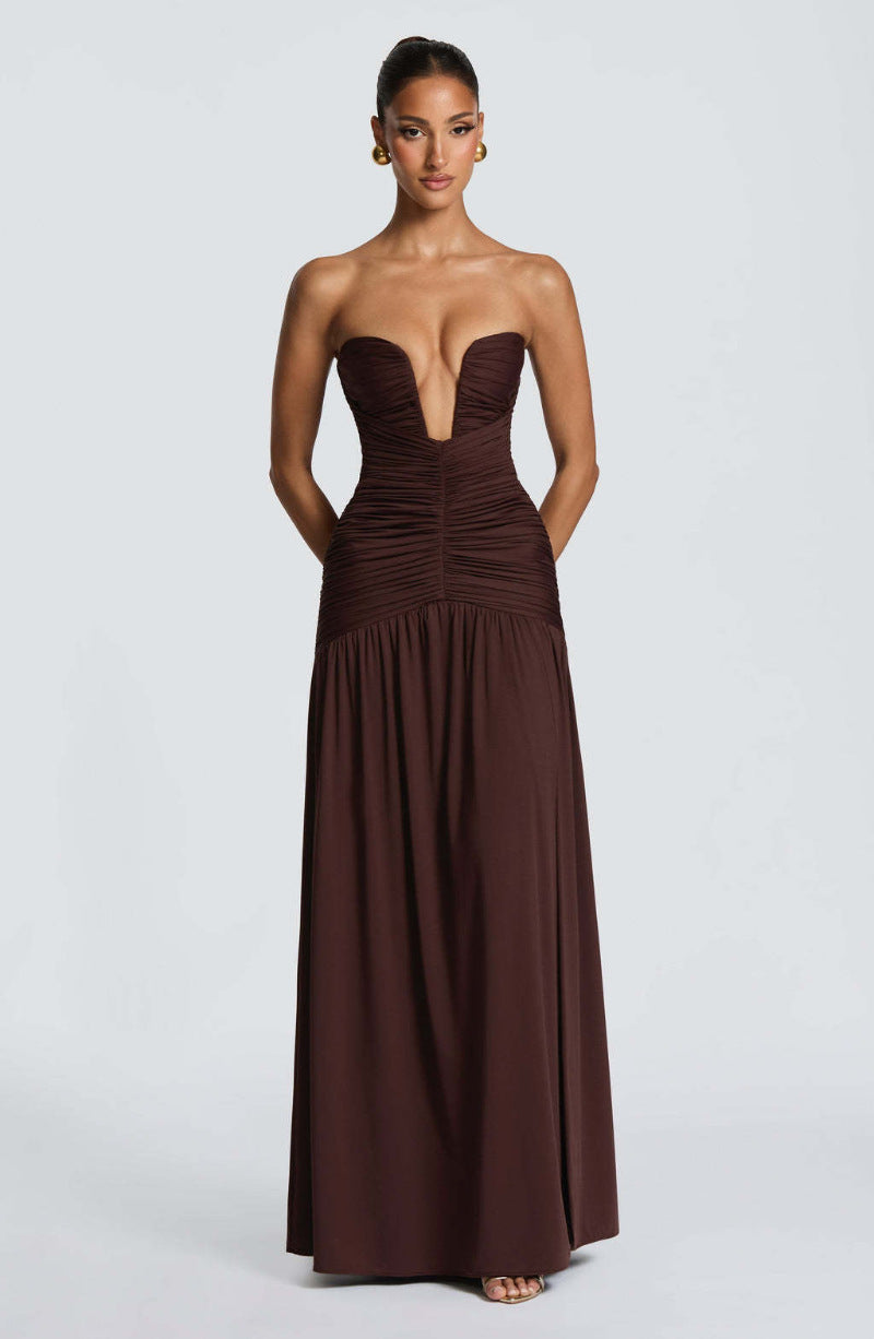 Strapless V-Neck Ruched High Slit Formal Maxi Dress