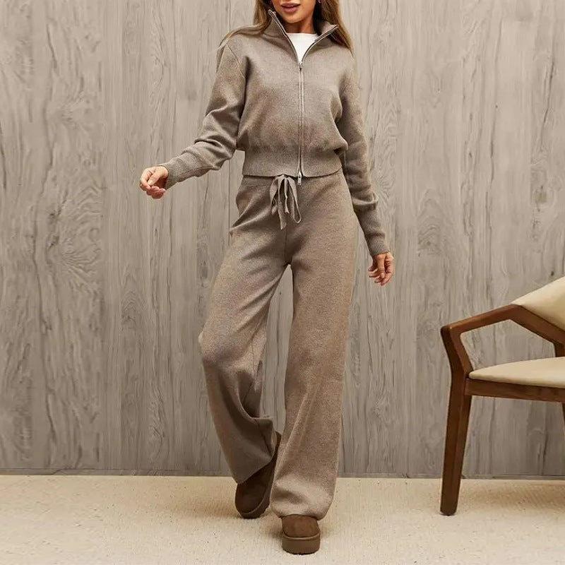 Women's Knit Lounge Set Zip Up Top Wide Leg Pants