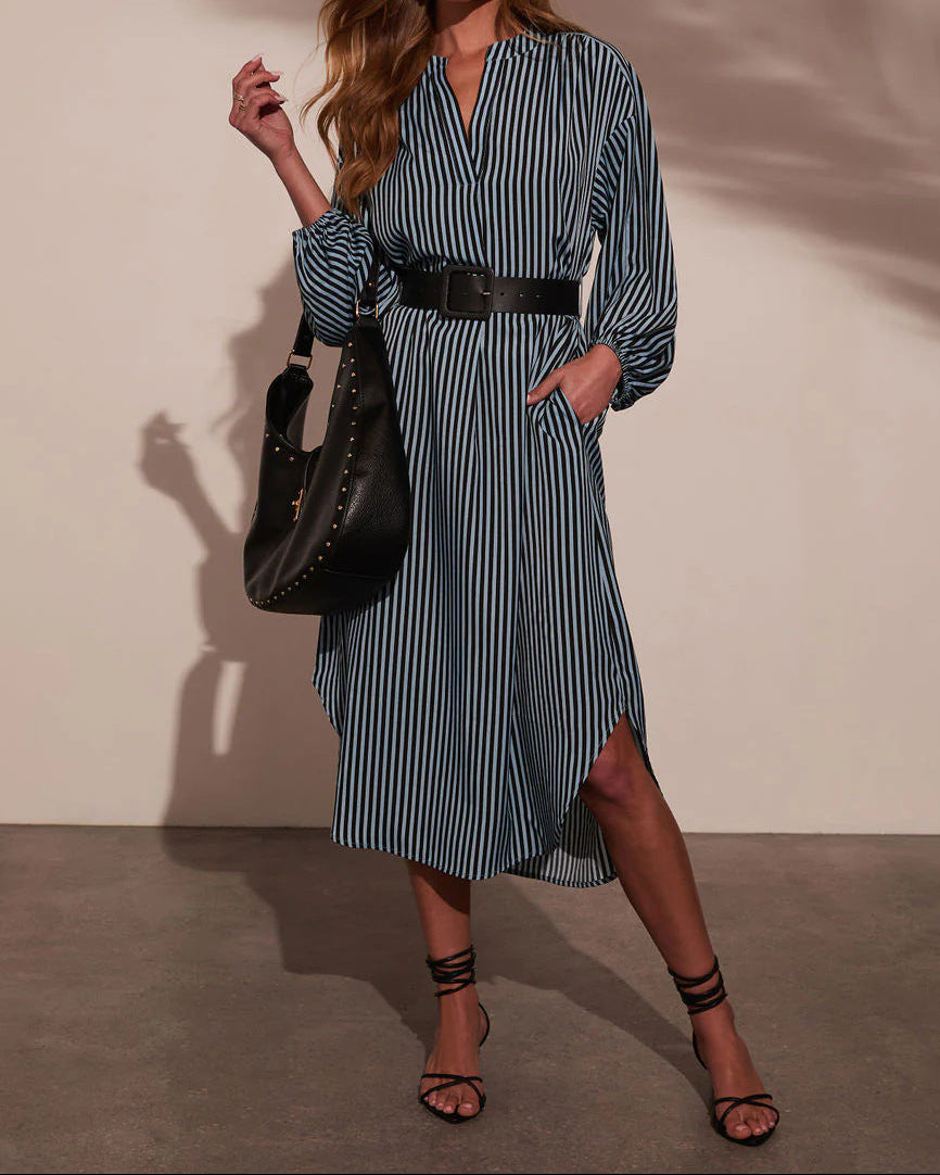 Women's Striped V-Neck Shirt Dress Belted Midi