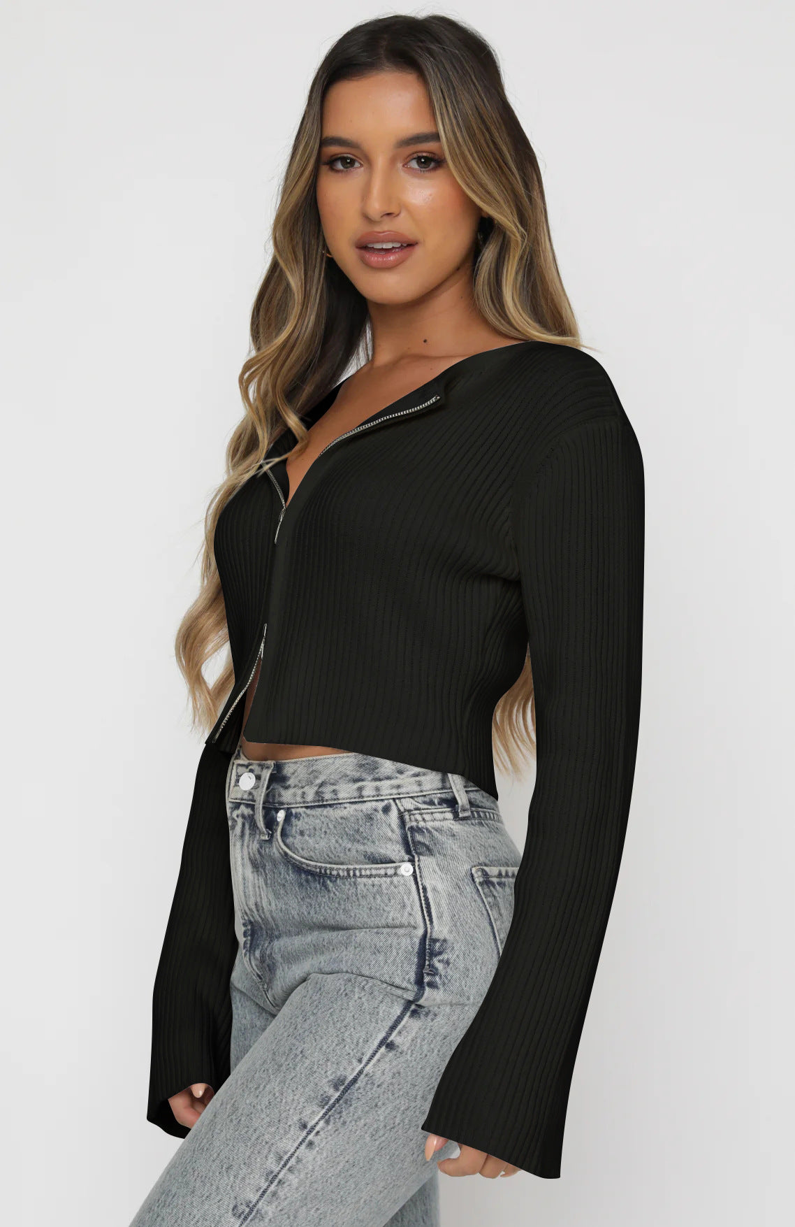 Women’s Ribbed Zip-Up Cropped Sweater with Flare Sleeves