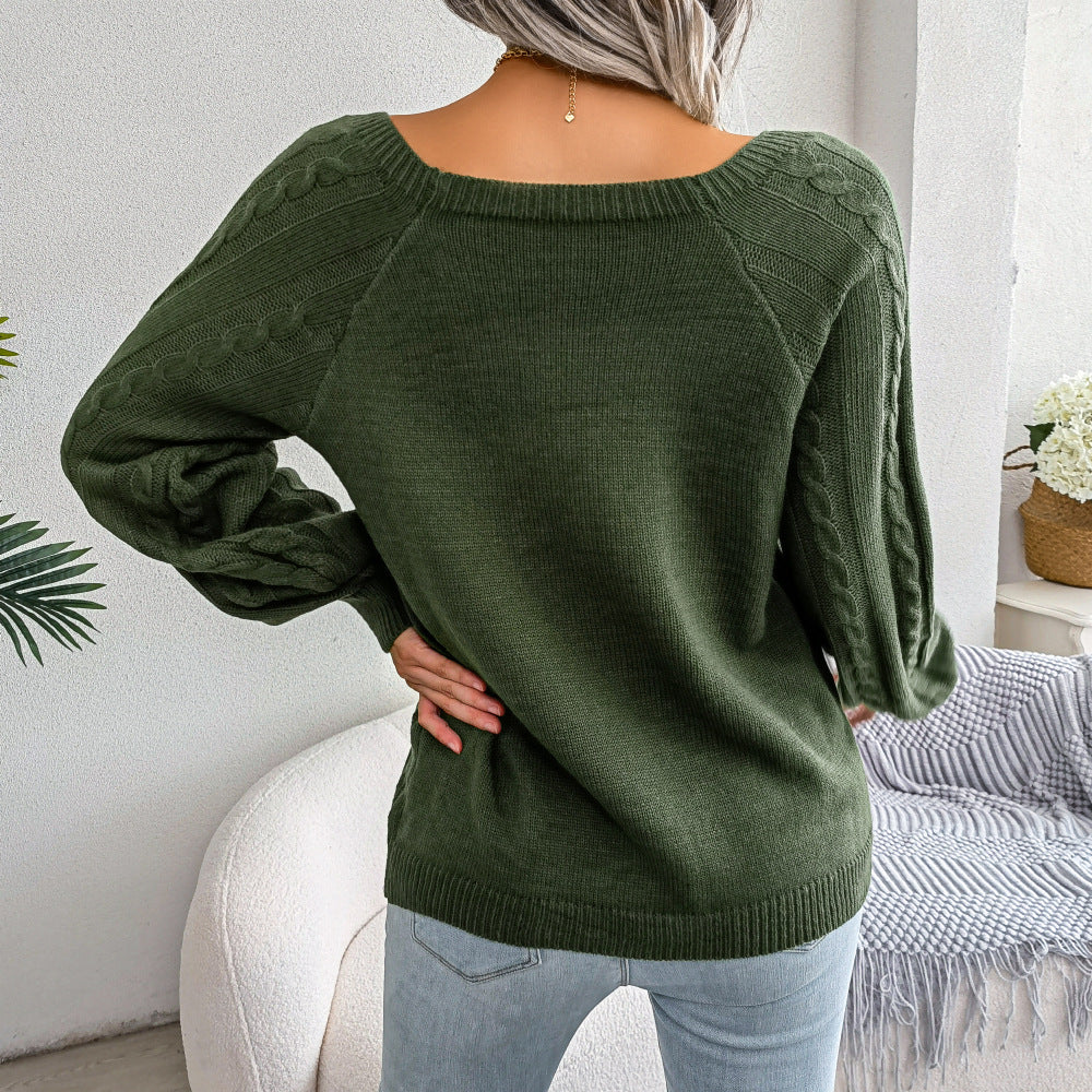 2025 Fall Winter Casual Square Neck Button Detail Cable Knit Sweater