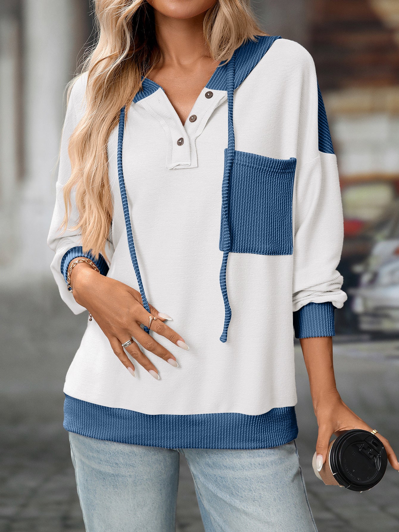 2025 Fall/Winter Colorblock Knit Trim Hoodie – Casual Pullover Sweatshirt