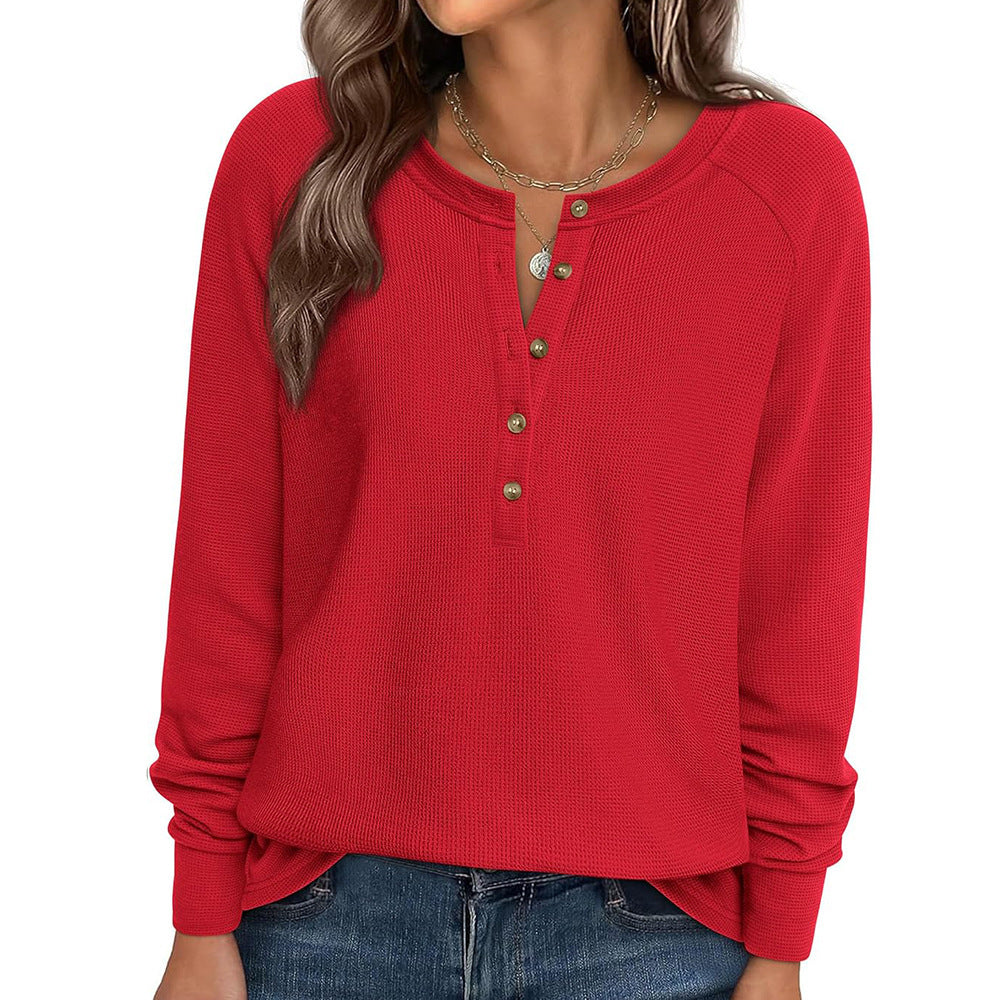 Waffle Knit Henley Top Button V Neck Long Sleeve Tee
