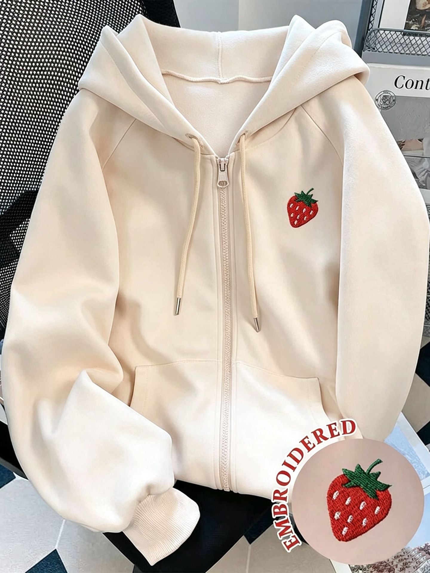 Oversized Strawberry Embroidered Zip Up Hoodie Fleece Lined