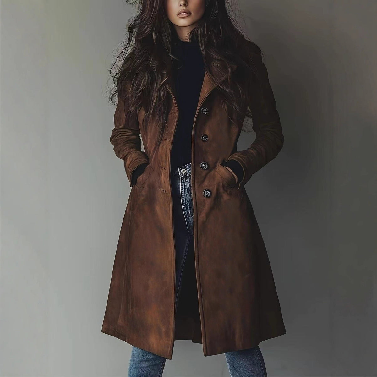 Womens Faux Suede Long Trench Coat Belted Lapel