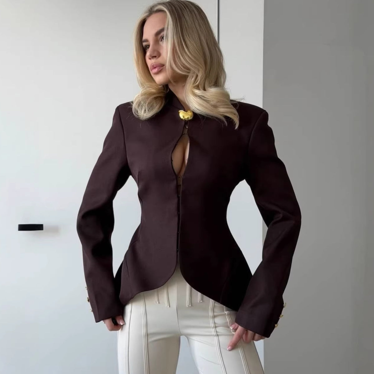 Women's Fitted Asymmetric Blazer Stand Collar Jacket