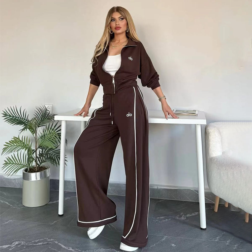 Women's 2 Piece Tracksuit Embroidered Wide Leg Pants Set