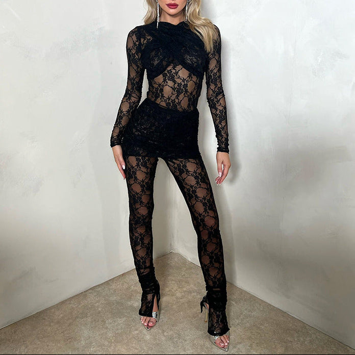 Sexy Lace Sheer Bodysuit Mini Skirt Two Piece Set