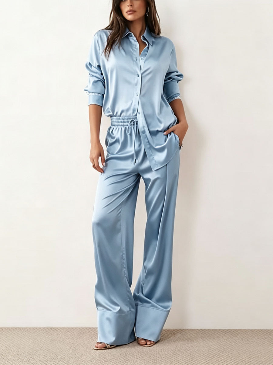 Women's Satin Shirt Wide Leg Pants Two Piece Set