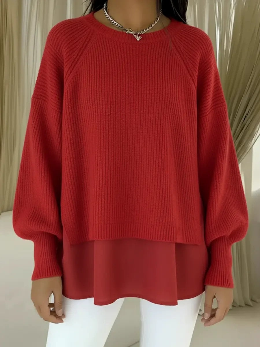 Women's Layered Chiffon Hem Balloon Sleeve Sweater