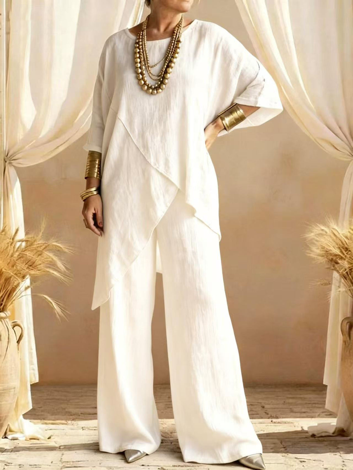 Women's Linen 2PC Set Asymmetric Hem Wide Leg Pants