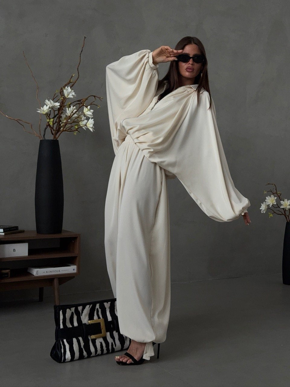 Women's Satin Batwing Zip-Up Two-Piece Jogger Set