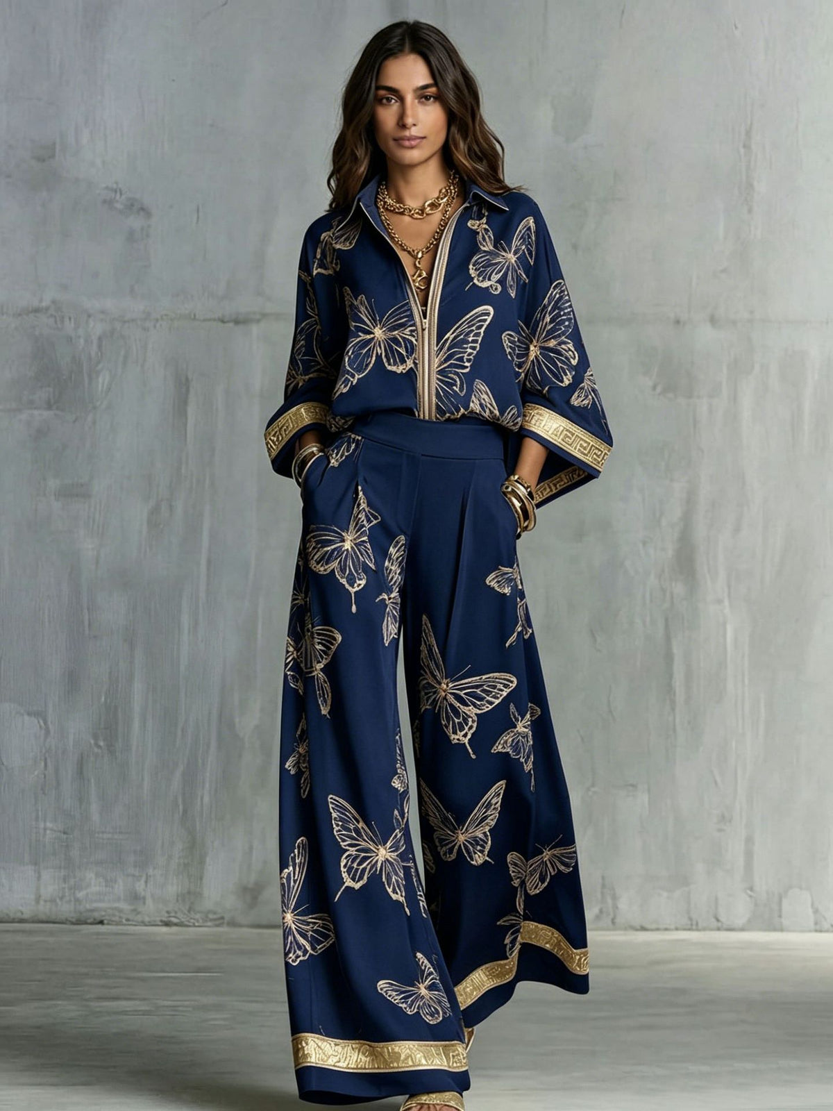 Boho Butterfly Print Two Piece Zip Up Top Wide Leg Pants