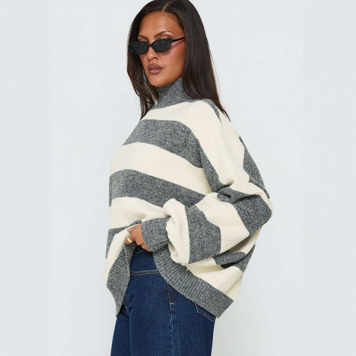 Women's Oversized Striped Turtleneck Sweater