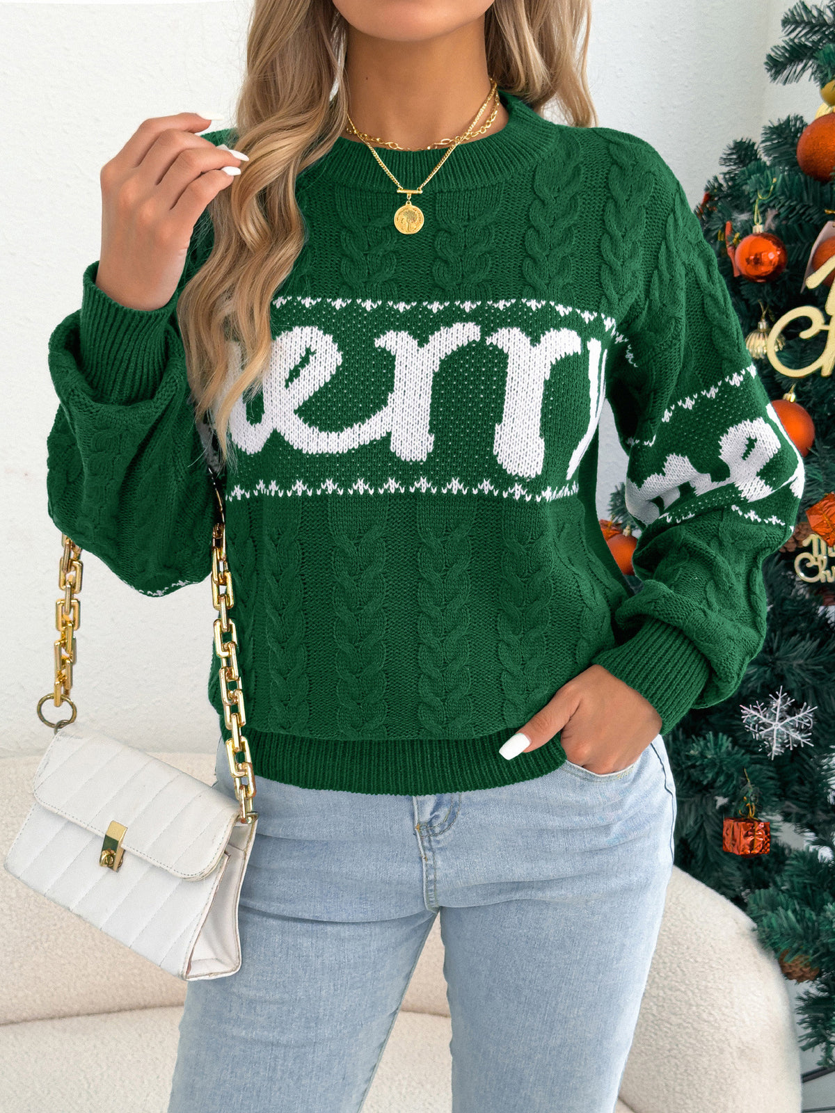 Women's Christmas Cable Knit Lantern Sleeve Sweater