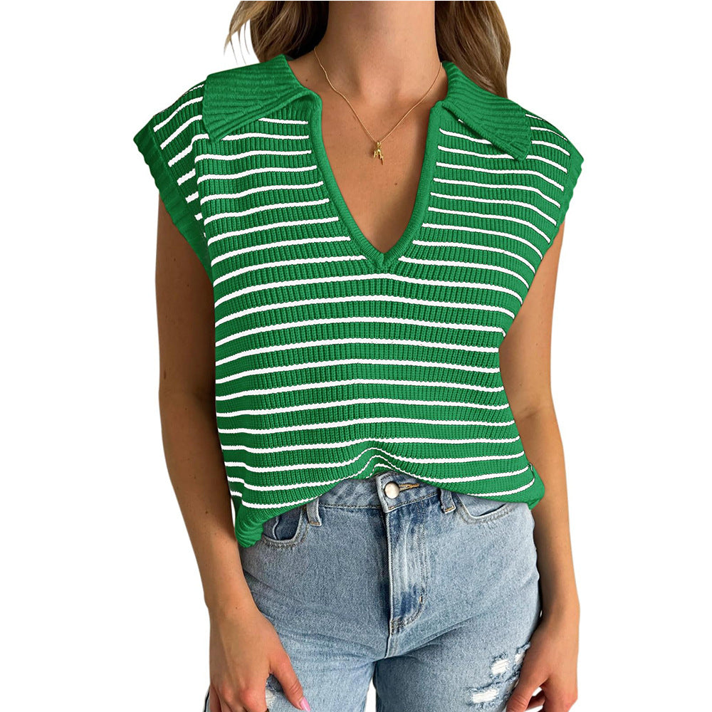 V-Neck Striped Knit Sweater, Casual Lapel Top