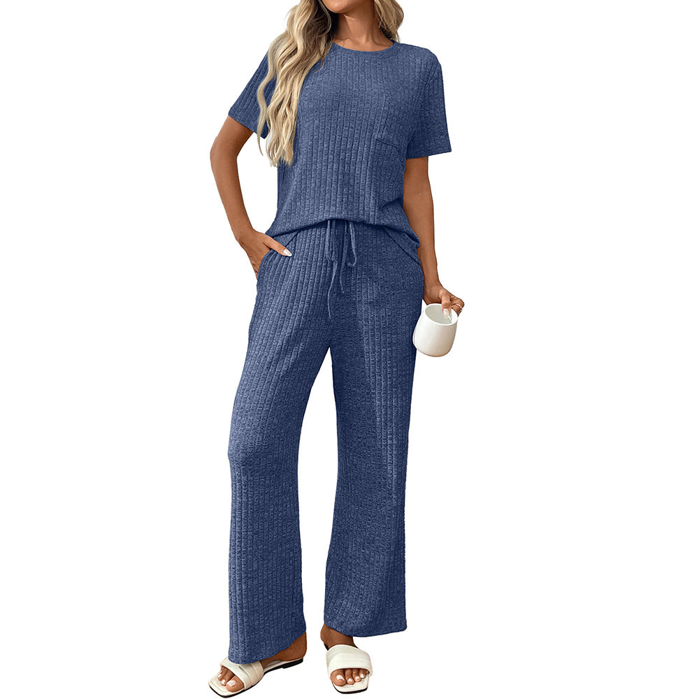 Ribbed Two Piece Lounge Set Wide Leg Pants