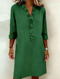 Women's Ruffle V-Neck Linen Blend Long Sleeve Tunic Dress