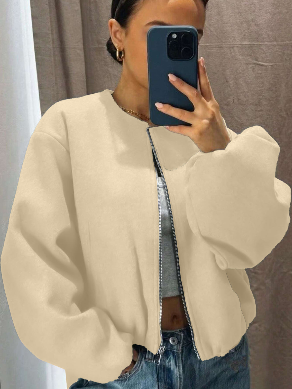 Women's Zip Up Bomber Jacket Lantern Sleeve Streetwear