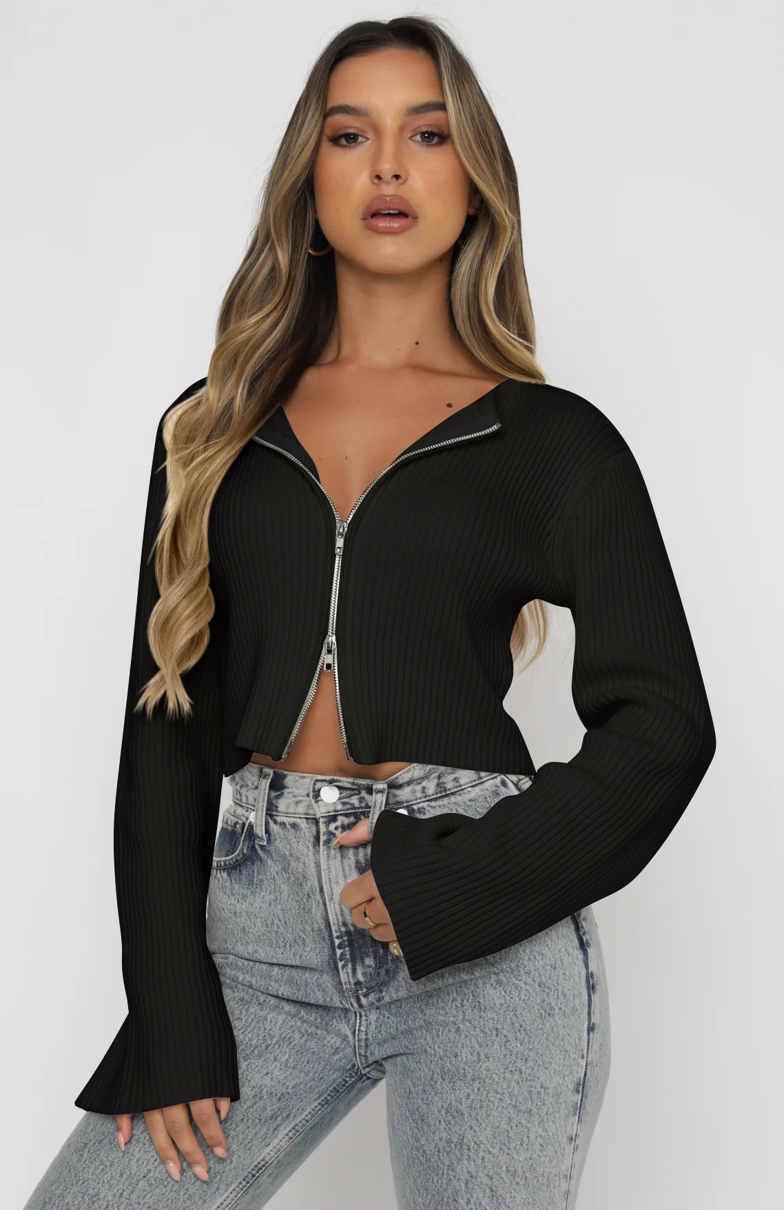 Women’s Ribbed Zip-Up Cropped Sweater with Flare Sleeves