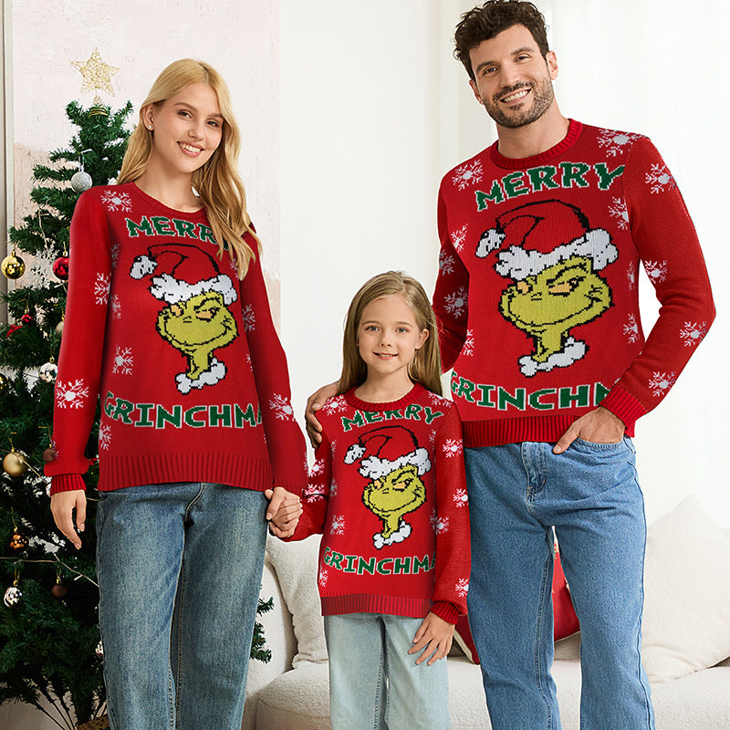 Family Matching Grinch Christmas Sweaters Red Knit Pullover