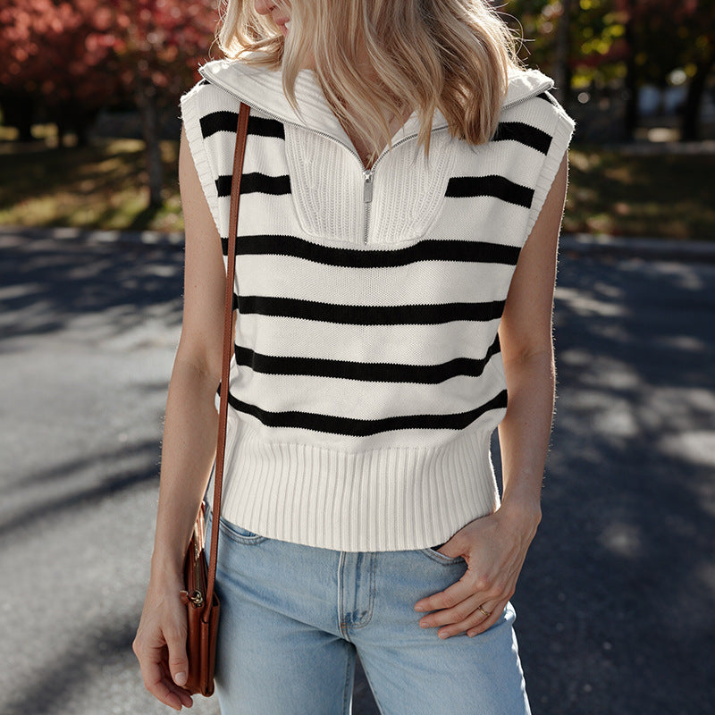 Women's Striped Half Zip Collared Knit Sweater Vest