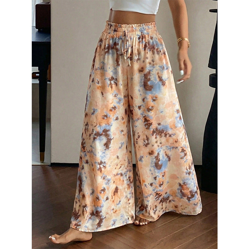 Women's High Waist Tie Dye Wide Leg Pants Drawstring Casual