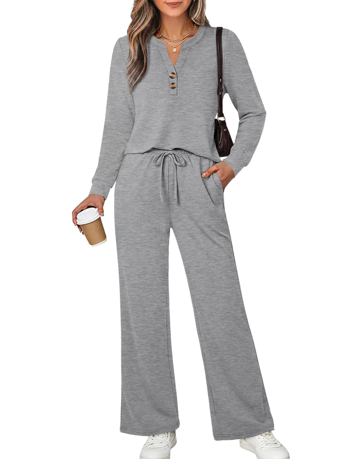 Women's 2 Piece Lounge Set Henley Top Wide Leg Pants