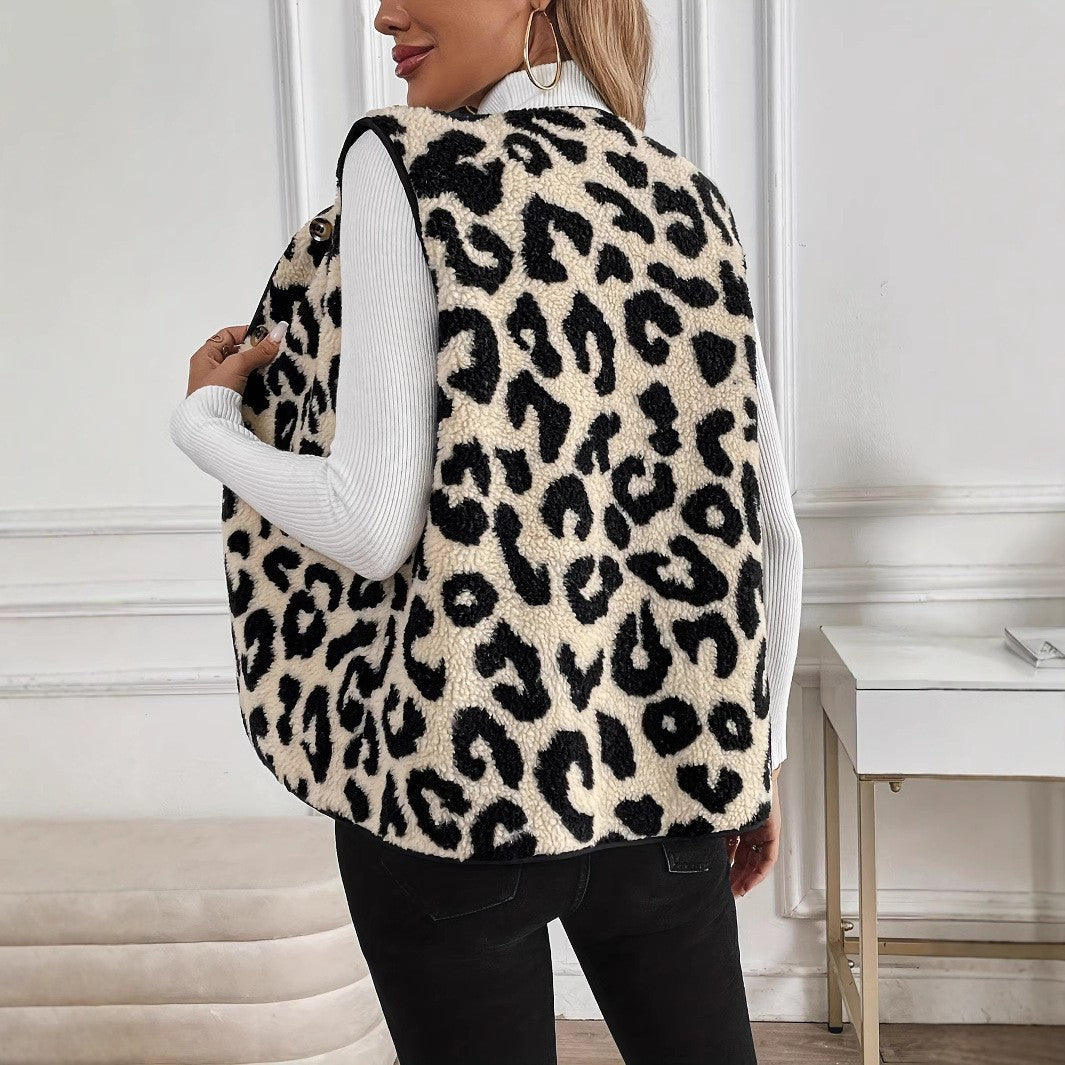 Leopard Print Sherpa Vest Button Front Fuzzy Layering