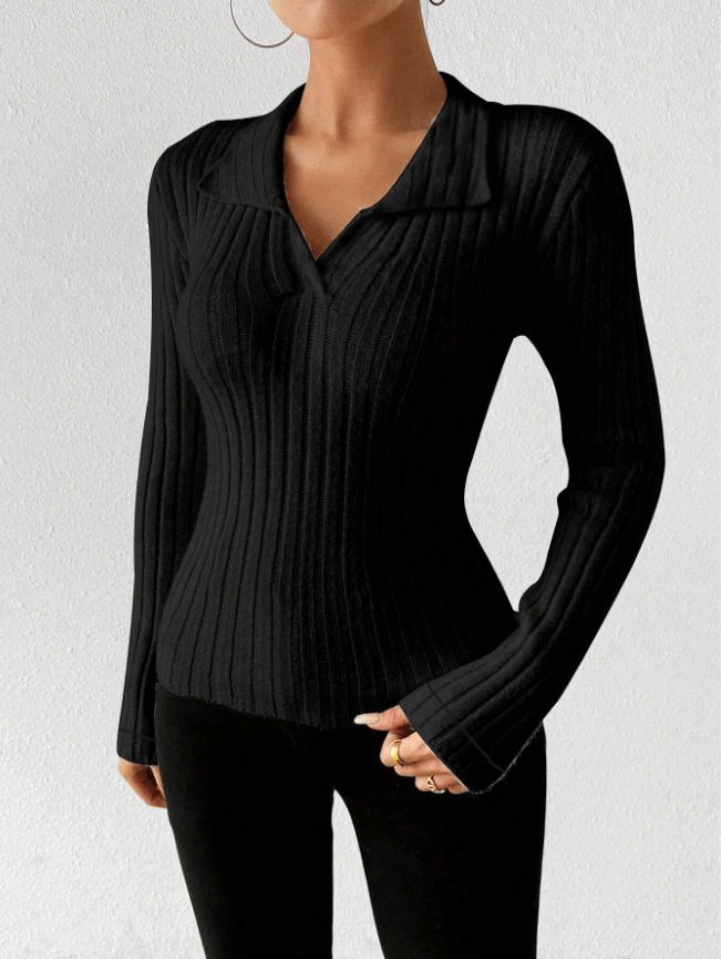 Women's Ribbed Knit Collared V Neck Long Sleeve Top