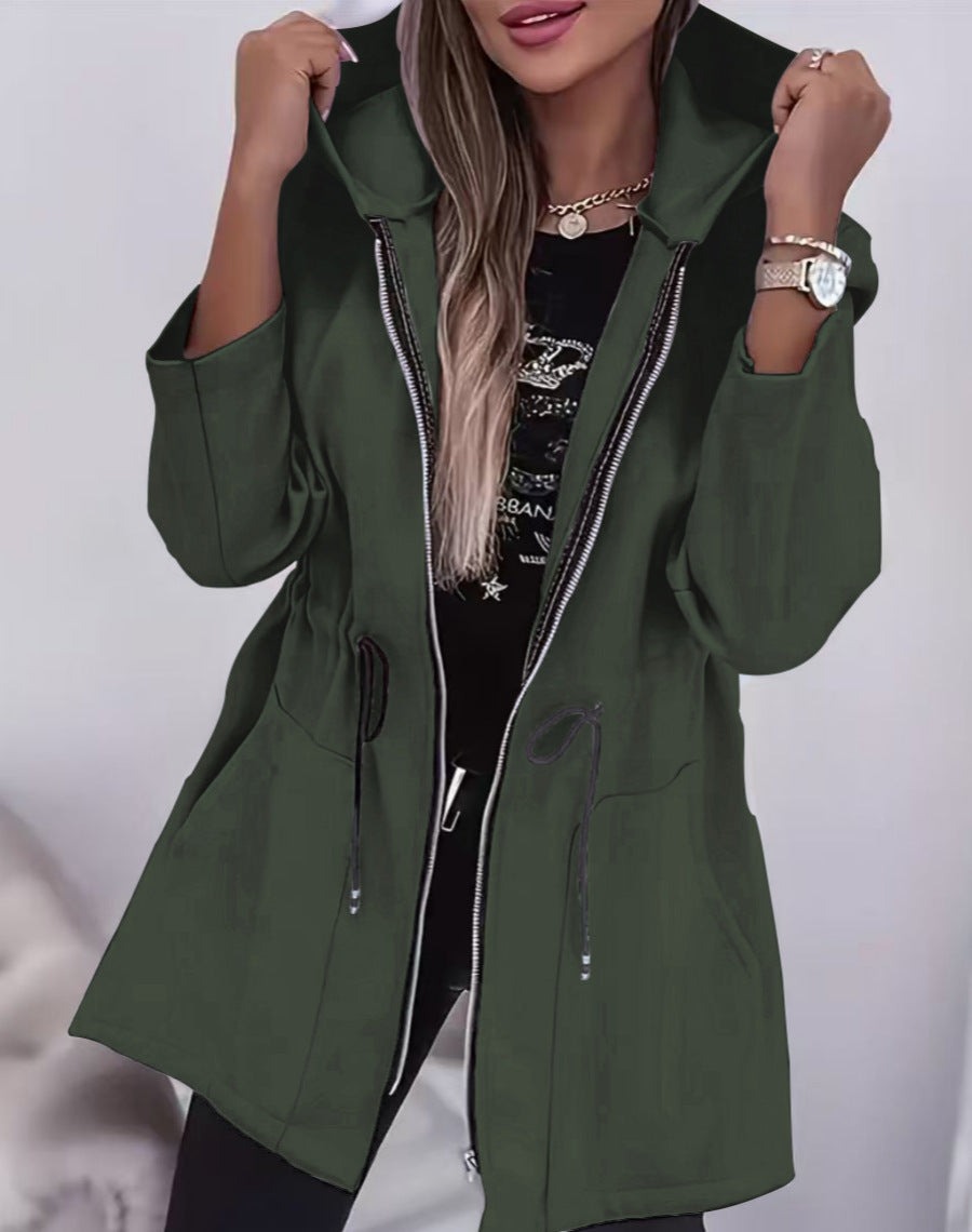 Women's Hooded Drawstring Waist Zip-Up Mid Length Jacket